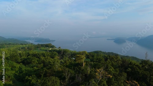Skyview in the countryside with the village villagers mountain forest waterfall by drone