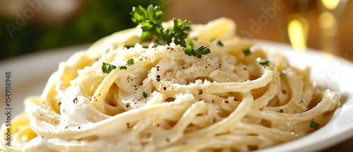 Fototapeta Naklejka Na Ścianę i Meble -  Creamy Fettuccine Alfredo with Fresh Parsley and Black Pepper