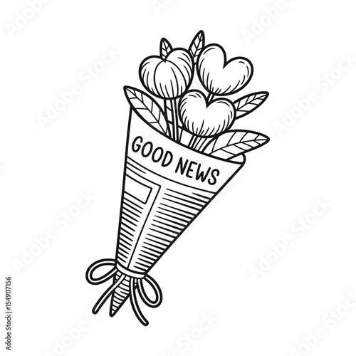 Good News A Bouquet of Flowers Wrapped in Newspaper Illustration