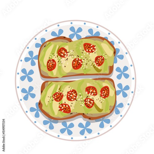 Delicious vector featuring avocado toast with tomatoes on a decorative plate surrounded by floral design.