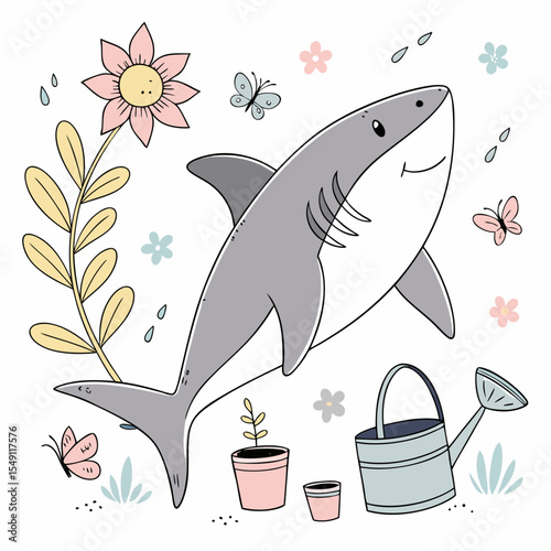 Gentle Shark with with a giant leaf, set in a charming Spring garden theme – Spring Garden color vector art