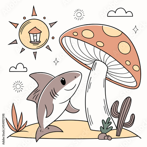 Cute Mischievous Shark, accessorized with under a mushroom, in a Desert sunset world – Sundown Glow palette vector