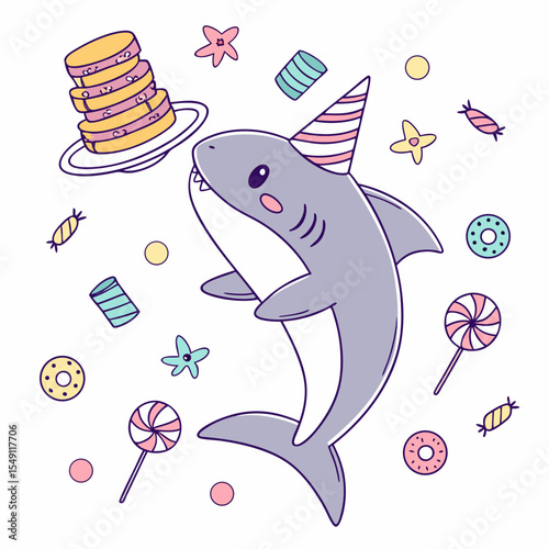 SVG art: A Loving Shark in a Birthday vibe with balancing a stack of pancakes, tinted with Candy Shop tones