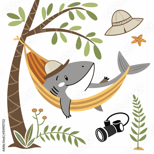 Charming SVG of a Funny Shark featuring in a hammock, styled in a Safari Adventure theme with Savannah Heat hues