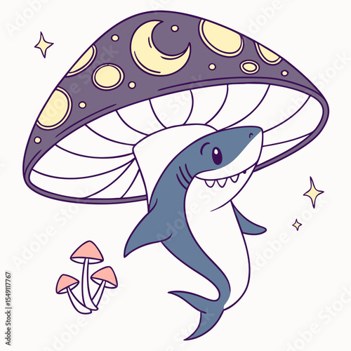 Joyful expression on a Shark in a Starlight Ball theme, with under a mushroom – Lunar Elegance vector art