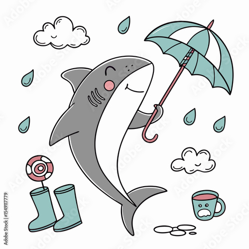 Joyful Shark with holding a lollipop, set in a charming Rainy day theme – Raindrop Calm color vector art