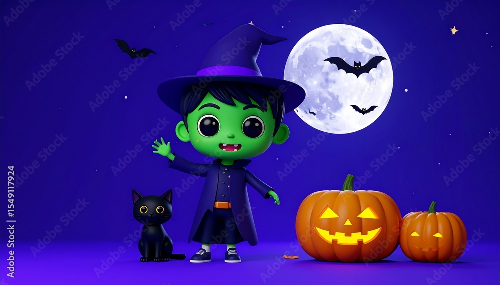 Fototapeta premium A charming Halloween scene featuring a friendly witch, black cat, and jack-o'-lanterns under a full moon. The scene is filled with spooky fun and whimsical elements