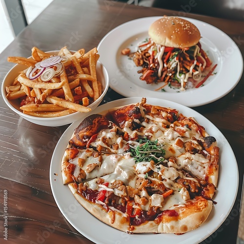 Delicious Trio: Pizza, Burger, and Fries Displayed in an Overhead Shot on Wooden Table