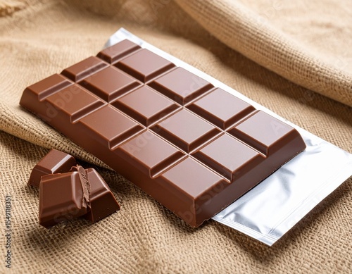 Opakowanie czekolady obok kostek, na lnianym tle, w stylu rustykalnym