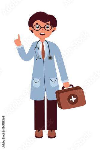 Cartoon doctor standing with medical bag and stethoscope, indicating advice in a light-hearted, friendly manner. Flat style vector illustration isolated on white background.