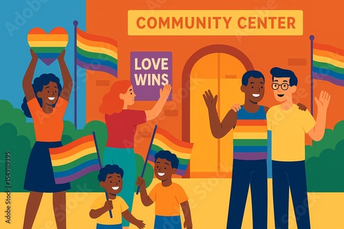 LGBTQ+ Pride Celebration at Community Center with “Love Wins” Banner – AI generated