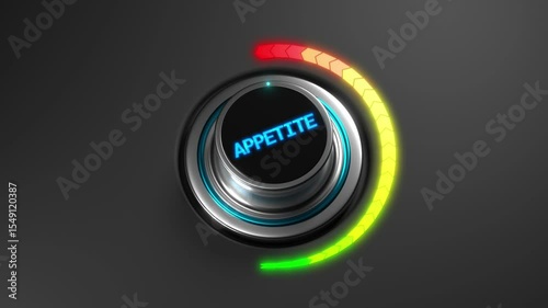 3D animation of a rising appetite level on a color dial from green to red. Great for nutrition, diet tracking, or health-related visuals.