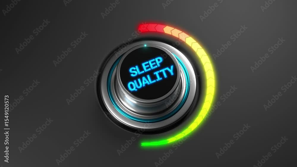 3D animation of a rising sleep quality level on a color dial from green to red. Ideal for health, wellness, sleep tracking, or recovery-related visuals