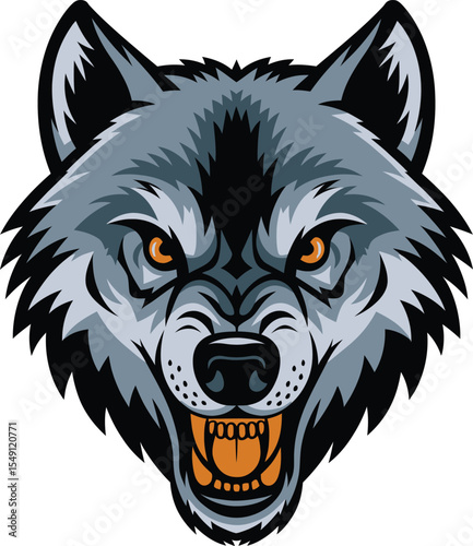 Fierce wolf head vector with intense eyes sharp teeth and aggressive expression for wild animal mascot design
