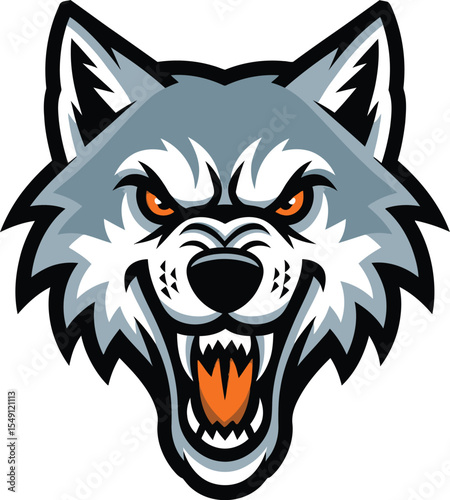 Angry wolf head mascot vector with sharp teeth fierce eyes and aggressive expression for wild animal design

