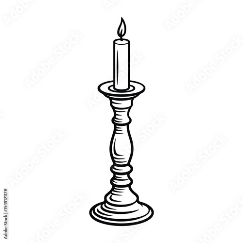 Elegant Candlestick with Burning Candle Black and White Line Art