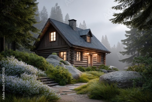 Mountain Cabin in Forest with Cozy Warm Lighting, Surrounded by Tall Trees and Rocks, Misty Atmosphere, Rustic Wooden Structure