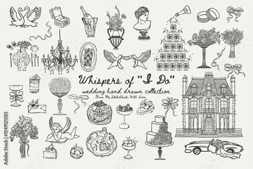 Whimsical wedding set with palace, couple in car, cakes, swans, food, florals and champagne tower. Rich romantic elements for event design and decor.