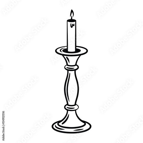 Elegant candlestick with burning candle black and white illustration