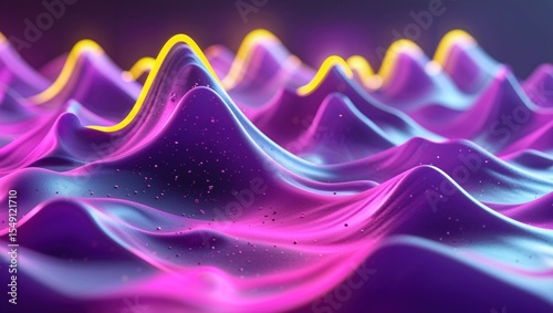 Streaming neon waveforms rolling across virtual landscape, with floating particulate specks glowing