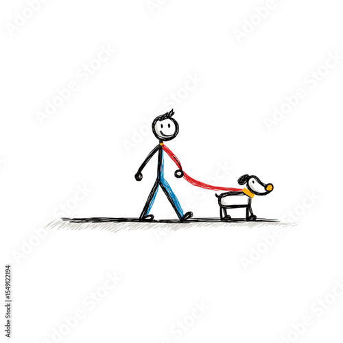 Stick figure walking dog on leash in simple illustration style  
