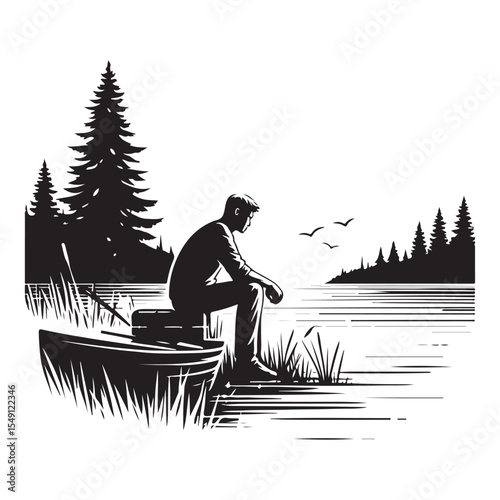 Young man sitting alone by the lake image vector