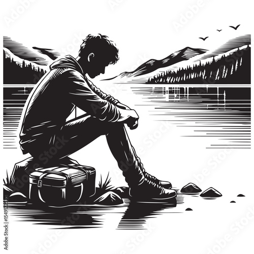 Young man sitting alone by the lake image vector