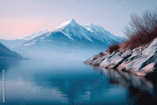 Serene Mountain Lake Scene with Snow-Capped Peaks and Calm Water Reflecting the Sky in a Quiet Natural Landscape photo