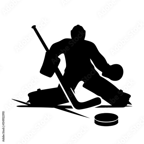 Hockey goalie in crouching position with stick and puck on ice  