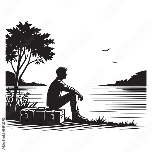 Young man sitting alone by the lake image vector