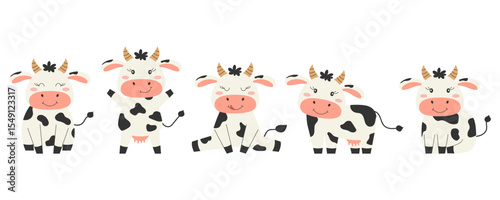 Big set of funny cartoon cow characters. Farm animals. Vector illustration.