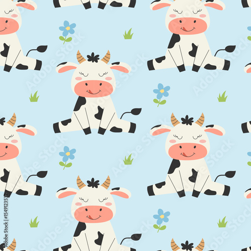 Seamless pattern with cute cow and flowers. Pattern for fabric, wrapping, textile, wallpaper, clothing. Vector illustration.