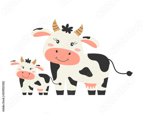 Mother cow and baby. Cute animal characters. Farm animals. Vector illustration.