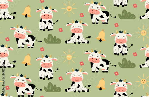 Seamless pattern with cute cows. Pattern for fabric, textile, wallpaper, clothing. Vector illustration.