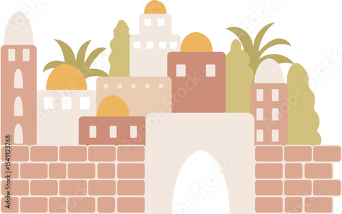 Detailed hand-drawn biblical cityscape in vector featuring old testament architecture, sacred buildings, and middle eastern scenery for church materials, kids bible stories, or educational design