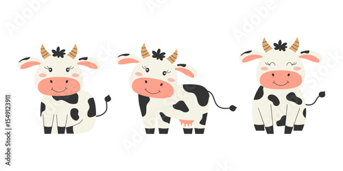 Set of cute cartoon cow characters. Farm animals. Vector illustration.