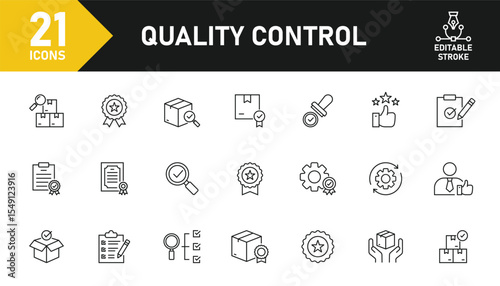 Quality control line icon set. Set of 21 outline icons related to inspection, evaluation, quality, testing, product, process and others. Editable stroke. Vector illustration.