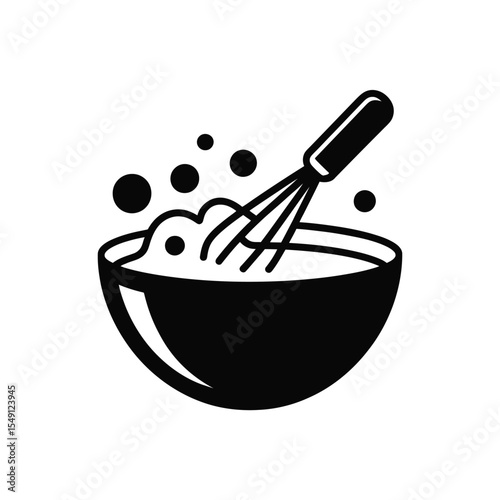 Black and white illustration of whisk mixing ingredients in a bowl