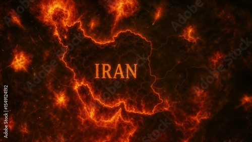 Fiery map outline of Iran glowing with intense orange flames and dramatic lighting suggesting conflict, tension, or geopolitical crisis in Middle East
