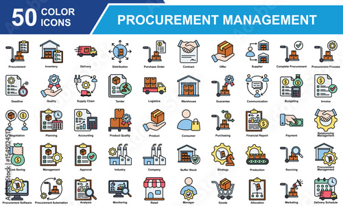 Procurement Management  Icon Set Collection. Containing Procurement, Management, Supply Chain, Purchasing, Sourcing, Inventory, Logistics, Allocation, Distribution.  Simple Color Vector Illustration.