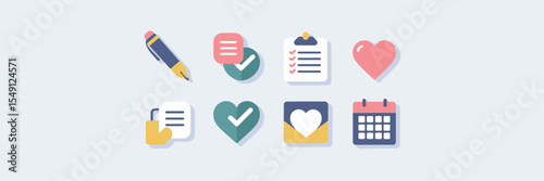 Flat vector icons of journaling prompts, habit tracking, gratitude logs, and daily entries