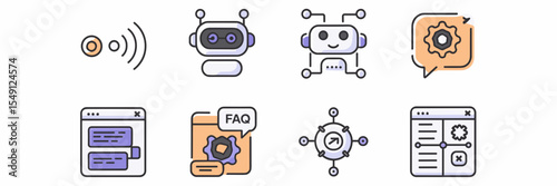 Minimalist chatbot icon set with voice input and smart routing symbols – Great for tech interface design, AI communication systems, or app development.