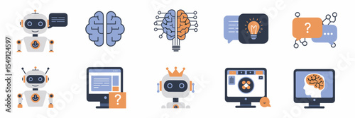 Icon collection of chatbot and AI interaction symbols – Great for app development, bot interface design, or digital marketing content.