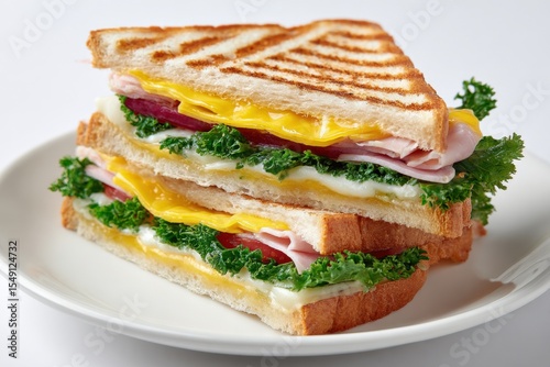 Delicious freshly toasted ham and cheese sandwich with leafy greens and egg on white ceramic plate on white background