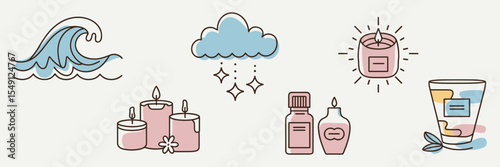 Minimal vector illustration of calming scenes with ocean, clouds, candles, and aromatherapy