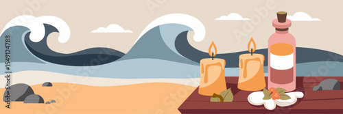 Serene beach vector illustration with ocean waves, candles, clouds, and aromatherapy oil