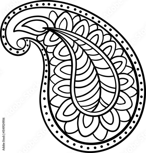 Hand-drawn paisley vector with floral motifs. Black outline ornamental pattern element for design