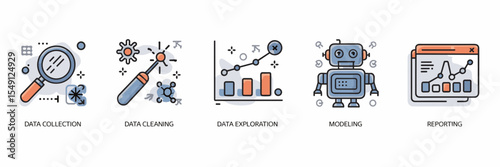 Flat icon set showing stages of data science workflow – Great for infographics, analytics dashboards, or tech tutorials