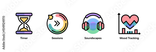 Vector icon set of calm app UI with symbols for timer, session, soundscape, and mood tracking
