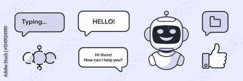 Chatbot UX icon collection with conversation bubbles and feedback icons – Suitable for AI customer support materials, bot branding, or tech apps.